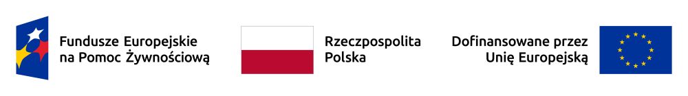 Zestawienie znaków graficznych: Fundusze Europejskie na Pomoc Żywnościową, barwy Rzeczypospolitej Polskiej, Dofinansowane przez Unię Europejską